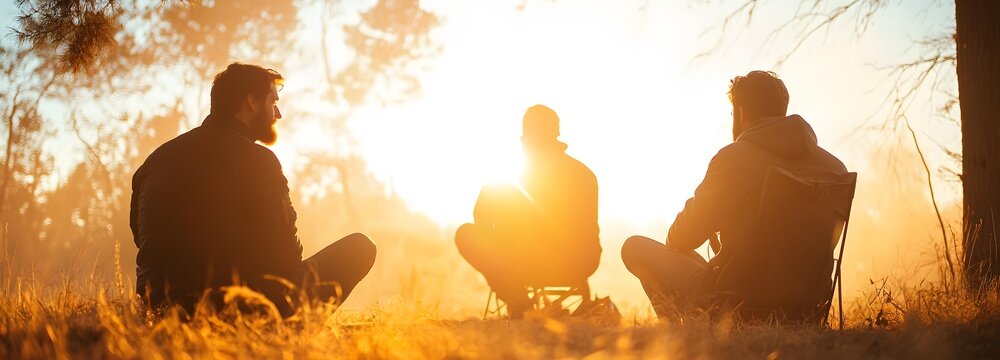 Campfire Chat in the Sunshine: Silhouette of companions, engrossed in fireside discussion amidst nature's embrace under warm golden sunlight, sharing stories and camaraderie