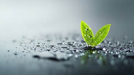 Single green plant leaf with water droplets on a smooth reflective surface representing fresh renewal hydration and the purity of natural environmental beauty