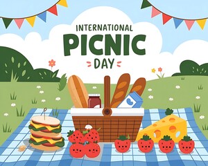 Colorful Picnic Scene with Basket and Food in a Green Landscape featuring international picnic day.