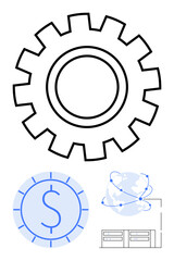 Gear for process, dollar coin for finance, interconnected globe for cloud networking, and database stack for data management. Ideal for technology, finance, innovation, globalization, cloud
