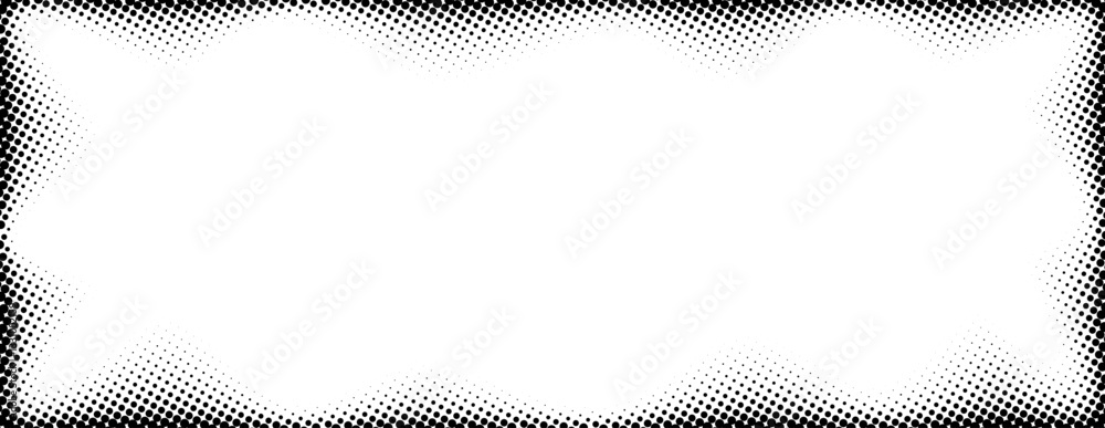 Poster halftone rectangle grain frame. black comic dotted wavy border. pop art fading gradient framing back