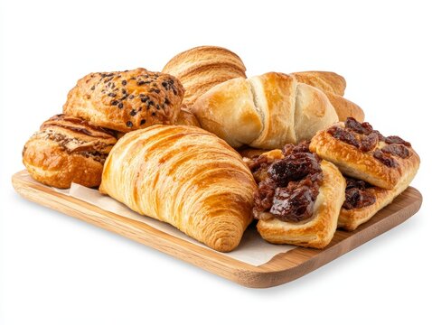 Variety of freshly baked croissants and pastries arranged on a wooden platter representing European bakery delights classic breakfast treats and artisanal craftsmanship