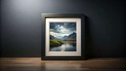 Fototapeta premium A black picture frame with a matte finish sits on a dark wall background, showcasing a beautiful landscape photograph , minimalist style, interior design