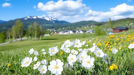 Obraz premium Vibrant Spring Meadow Landscape with White Flowers Green Grass and Mountain View