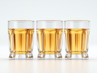 Four transparent glasses of golden apple juice placed on white surface highlighting freshness hydration and natural beverage appeal