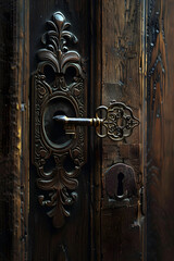 Unlocking Hidden Secrets: An Antique Key Turning in a Intricate Lock on a Weathered Wooden Door