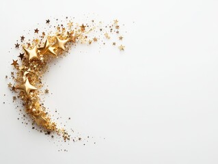 Golden crescent moon with scattered glitter on white background symbolizing Islamic spirituality divine blessings and Ramadan celebration