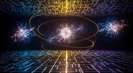 Abstract quantum computing visualization with glowing qubits, energy waves, and a futuristic grid, symbolizing superposition, entanglement, and advanced computation.