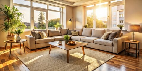 Cozy and inviting living area bathed in warm sunlight, showcasing a plush sectional sofa and comfortable armchair arranged around a stylish coffee table , warm sunlight, sectional sofa