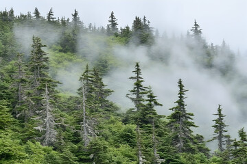 Obraz premium Misty mountain forest scene with tall evergreen trees shrouded in fog, creating a serene and mysterious atmosphere.