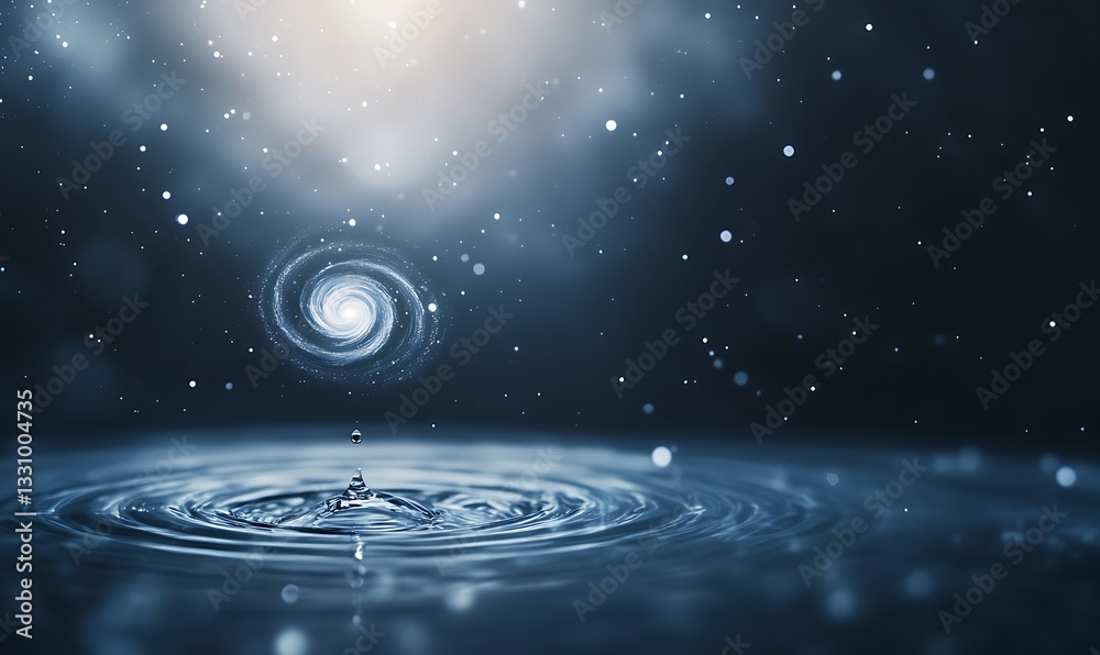 Poster ripples in water with a cosmic spiral and glowing light in a dark backdrop.