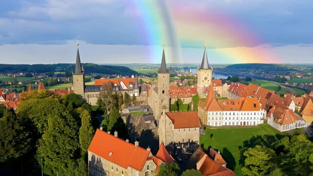 Aerial Drone View of Esslingen City Landscape with Rainbow in Background