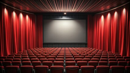 Fototapeta premium Darkened movie theater with red curtains and a large screen , night, evening