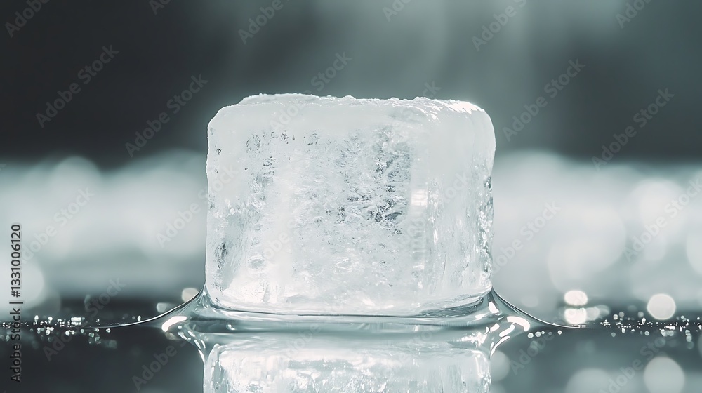 Poster A close-up of a transparent ice cube melting on a reflective surface.
