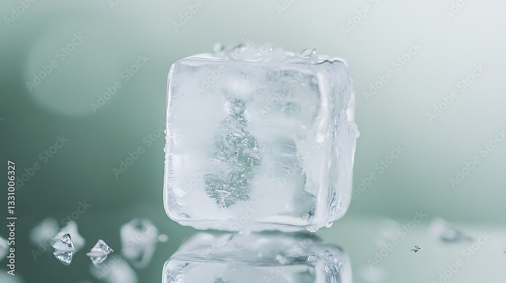 Aufkleber Crystal-clear ice cube on a reflective surface with a soft green background.