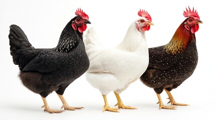 Fototapeta premium Three hens, black, white, brown, isolated.