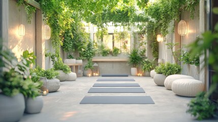 Naklejka premium Serene Yoga Studio Plants Mats Minimalist Haven