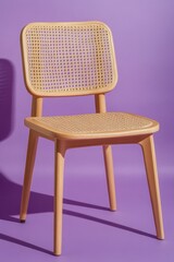 Light Wooden Chair with Woven Seat and Back on Purple Background