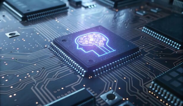 Close up of a Glowing Ai Chip on a Circuit Board Highlighting Advanced Technology and Design Generative AI