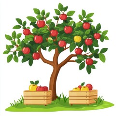 Lush Apple Tree with Ripe Red and Yellow Apples in Wooden Crates