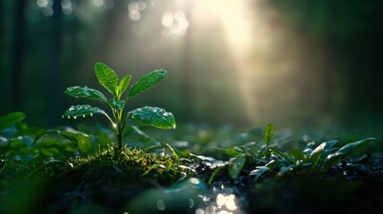 Reforestation for climate action, tiny plant with dew drops thrives in lush forest ecosystem