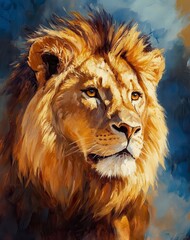 Naklejka premium Majestic Lion Portrait Golden Fur, Intense Gaze, Artistic Painting