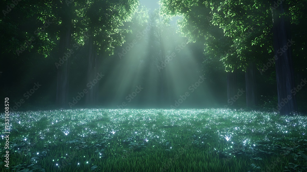 Poster serene forest scene with sunlight filtering through trees, illuminating a grassy area filled with so