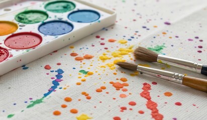 Obraz premium Colorful Paint Splatters on a White Surface With Brushes and a Palette of Watercolors Generative AI
