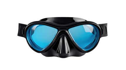 Black diving mask with blue lenses isolated on transparent background