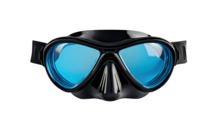 Black diving mask with blue lenses isolated on transparent background
