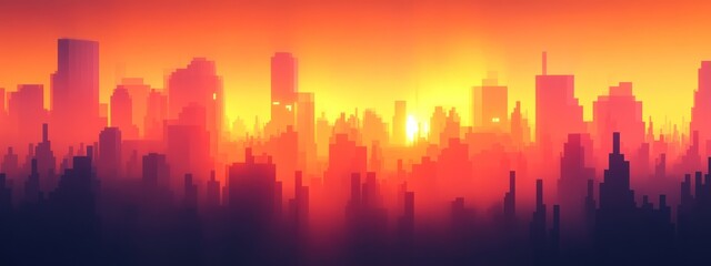 Fototapeta premium Sunrise over hazy cityscape, urban skyline, fiery sunset, background for website design