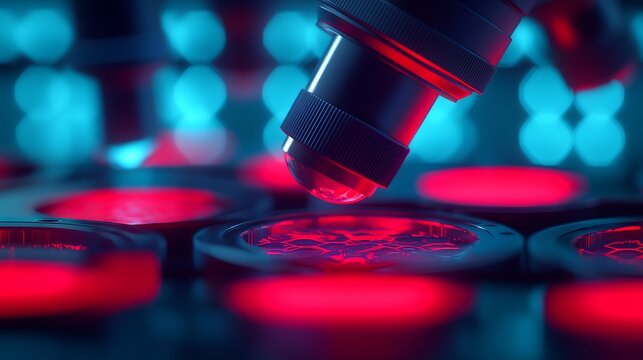 A close-up of a microscope lens hovering over illuminated slides, showcasing vibrant red and blue colors in a scientific setting.