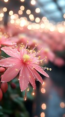 Fototapeta premium Pink flower blooms, glowing lights, indoor garden