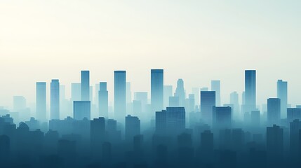 A serene city skyline shrouded in mist, featuring tall buildings and a calm color palette.
