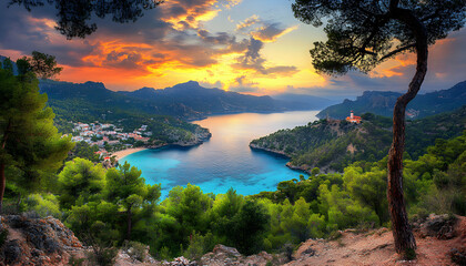 Stunning sunrise over a secluded cove, nestled amidst lush greenery and dramatic mountains. A picturesque village and a charming lighthouse add to the idyllic scene.