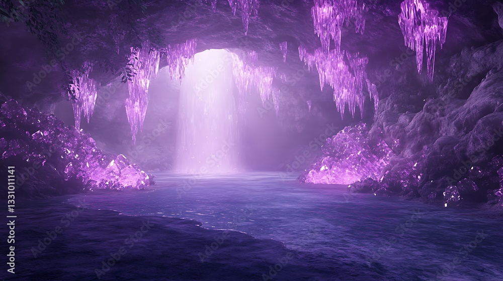 Poster a mystical cave illuminated by purple light cascading from a waterfall into tranquil waters.