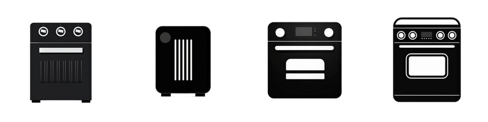 Four different styles of black oven, displayed on a plain background, showcasing their designs isolated on white or transparent