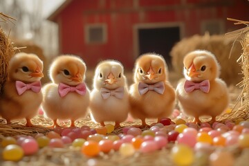 Charming baby chicks in playful bow ties surrounded by colorful candy in a rustic barn setting