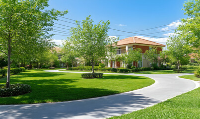 Serene suburban street scene featuring a charming two-story house, lush green lawns, and mature trees on a sunny day. Ideal for real estate, home, and lifestyle projects.