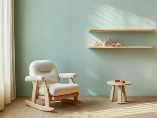 Modern wooden rocking chair in a light teal nursery
