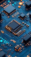 Illuminated CPU on Circuit Board Close-up