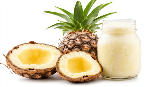 Tropical pineapple smoothie with coconut and fresh pineapple slices arranged on a white background emphasizing exotic flavors and healthy beverage choices