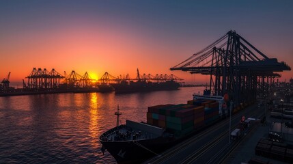 Obraz premium Sunset at International Port Cargo Ships Cranes Global Trade Logistics