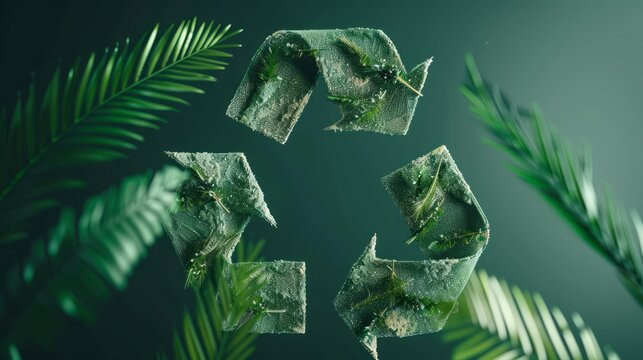 A recycling loop with green arrows and nature elements symbolizes eco-friendly sustainability and waste management. Sharp focus with no excessive blur.