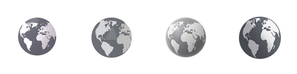 Fototapeta premium Four earth globes rotate on black global view, world icon, planet, international concept, isolated isolated on white or transparent