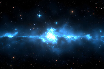 Stunning cosmic nebula, vibrant blue hues illuminate dark space, stars scattered across vast expanse. Breathtaking celestial scene.