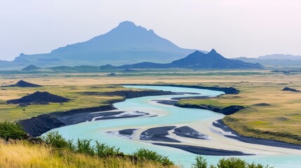 Obraz premium Icelandic River Landscape Volcanic Peaks Turquoise Waters Sunrise Panorama