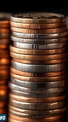 Close-up of stacked coins on dark background