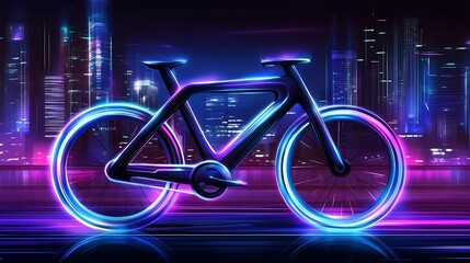 Bicycle Neon Glow in Cityscape; Concept for Transportation Tech, Future Mobility
