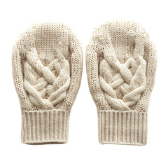 A Pair of White Knit Mittens with Braided Patterns Isolated on Transparent Background